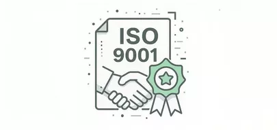 Ein Zeugnis mit der Aufschrift "ISO 9001", darüber ein Handschlag